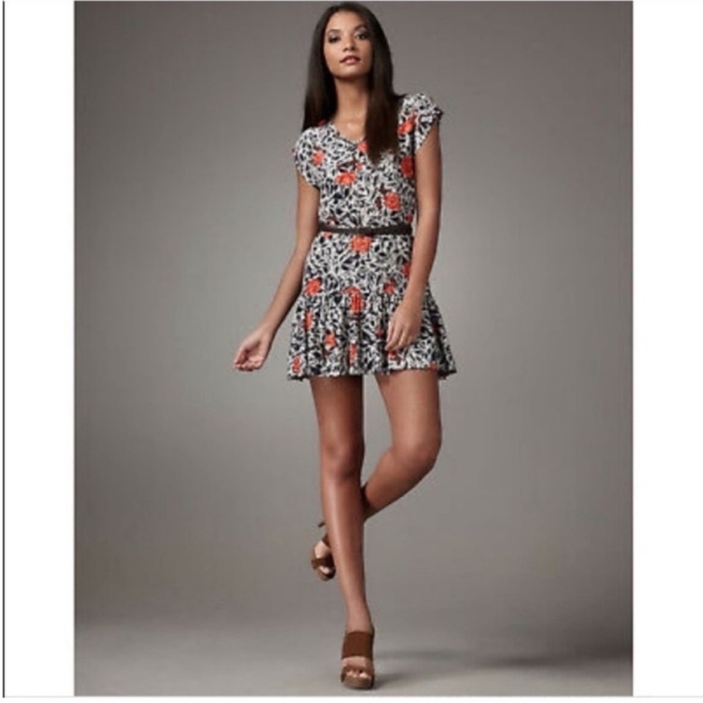 Joie Red Black Floral Scoop Neckline Shift Dress Size Large